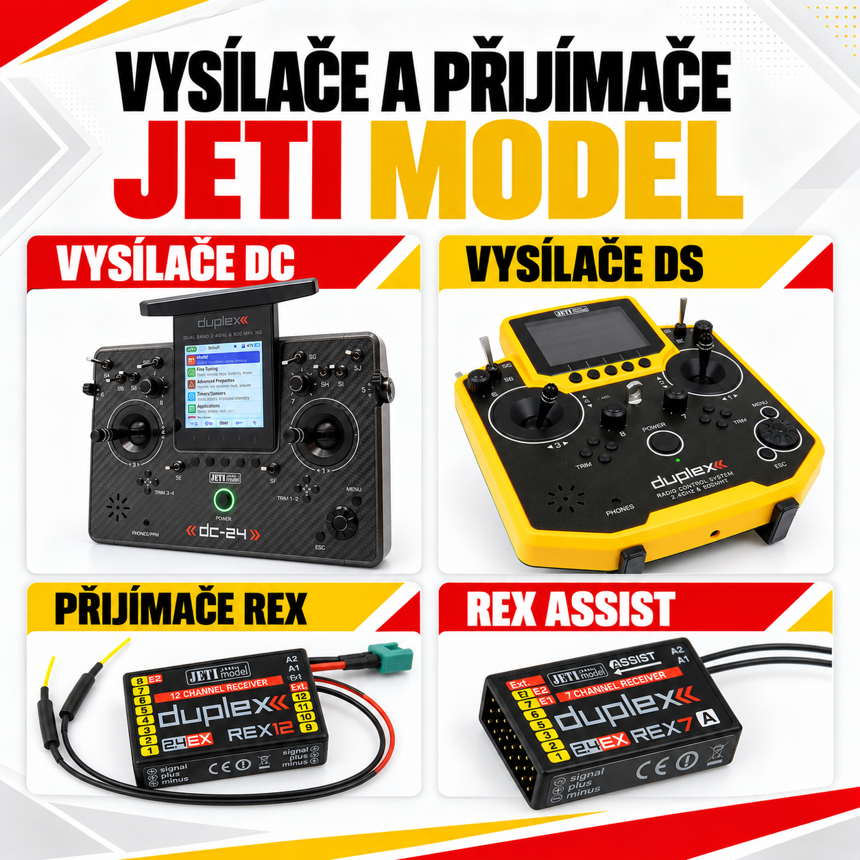 JETI vysílače a přijímače: přehled DC, DS a REX